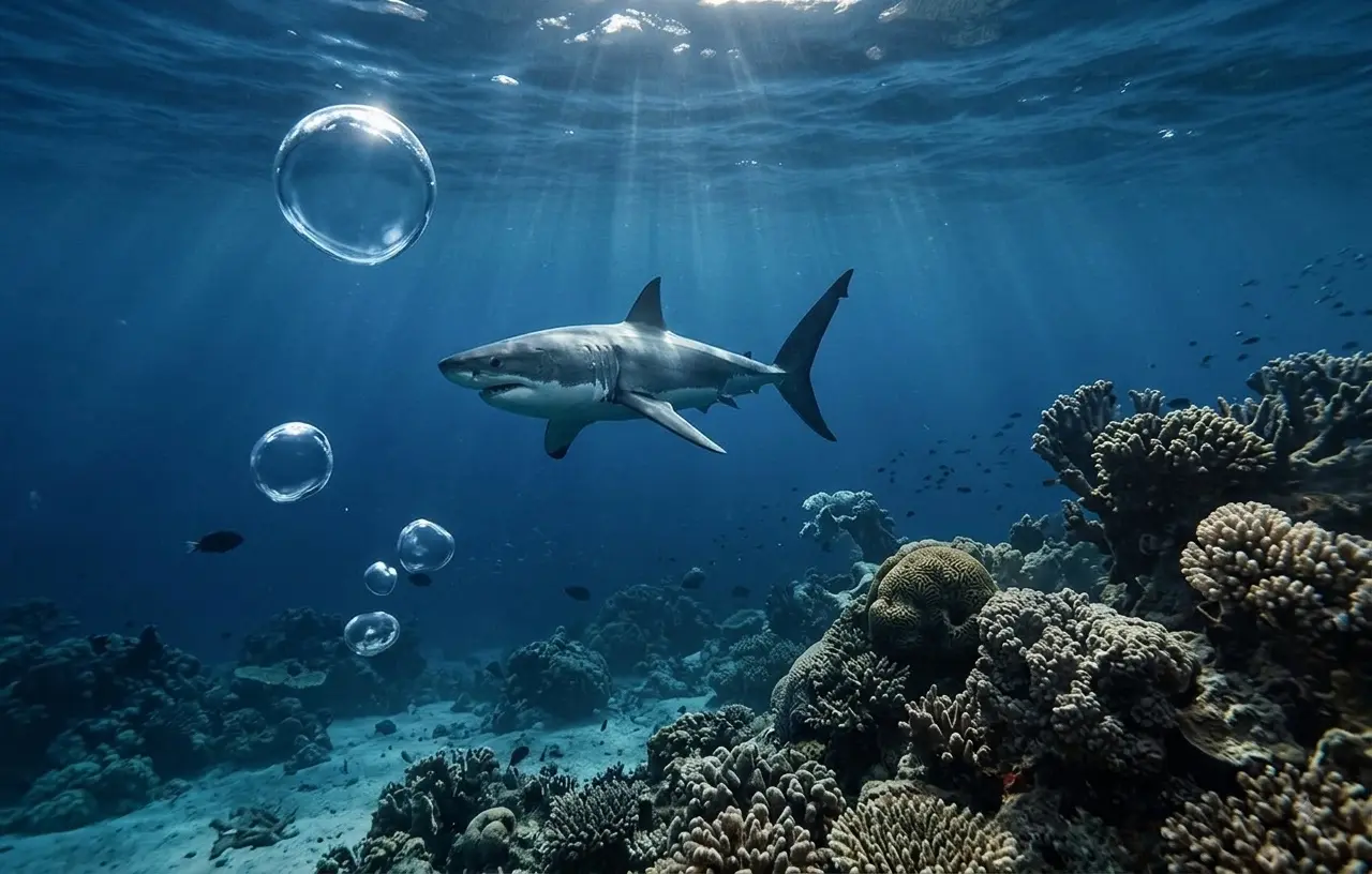 Shark swimming above coral in deep blue water