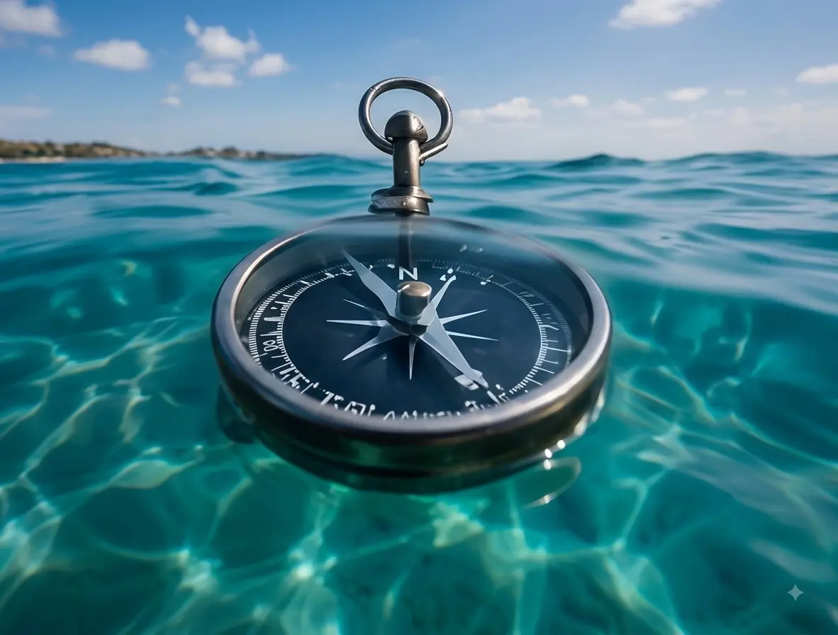 Compass floating at the surface of clear blue water