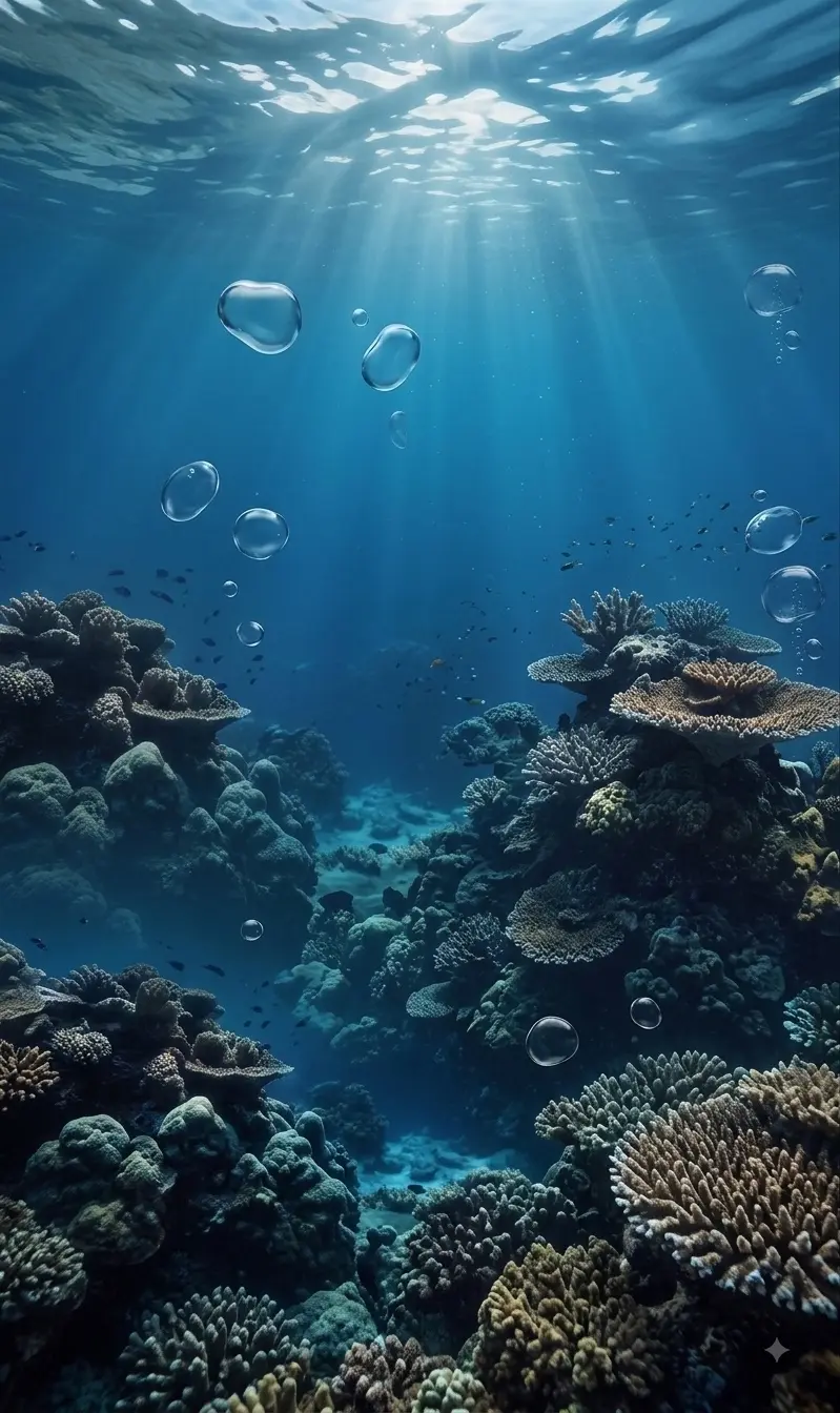 Sunlight filtering through blue water above a coral reef