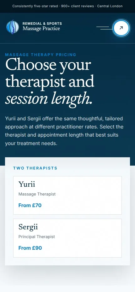 Massage Practice mobile pricing page